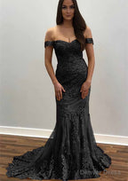Trumpet Mermaid Off The Shoulder Court Train Tulle Prom Dresses With Lace Appliqued