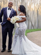 Trumpet Mermaid Off The Shoulder Court Train Tulle Wedding Dresses