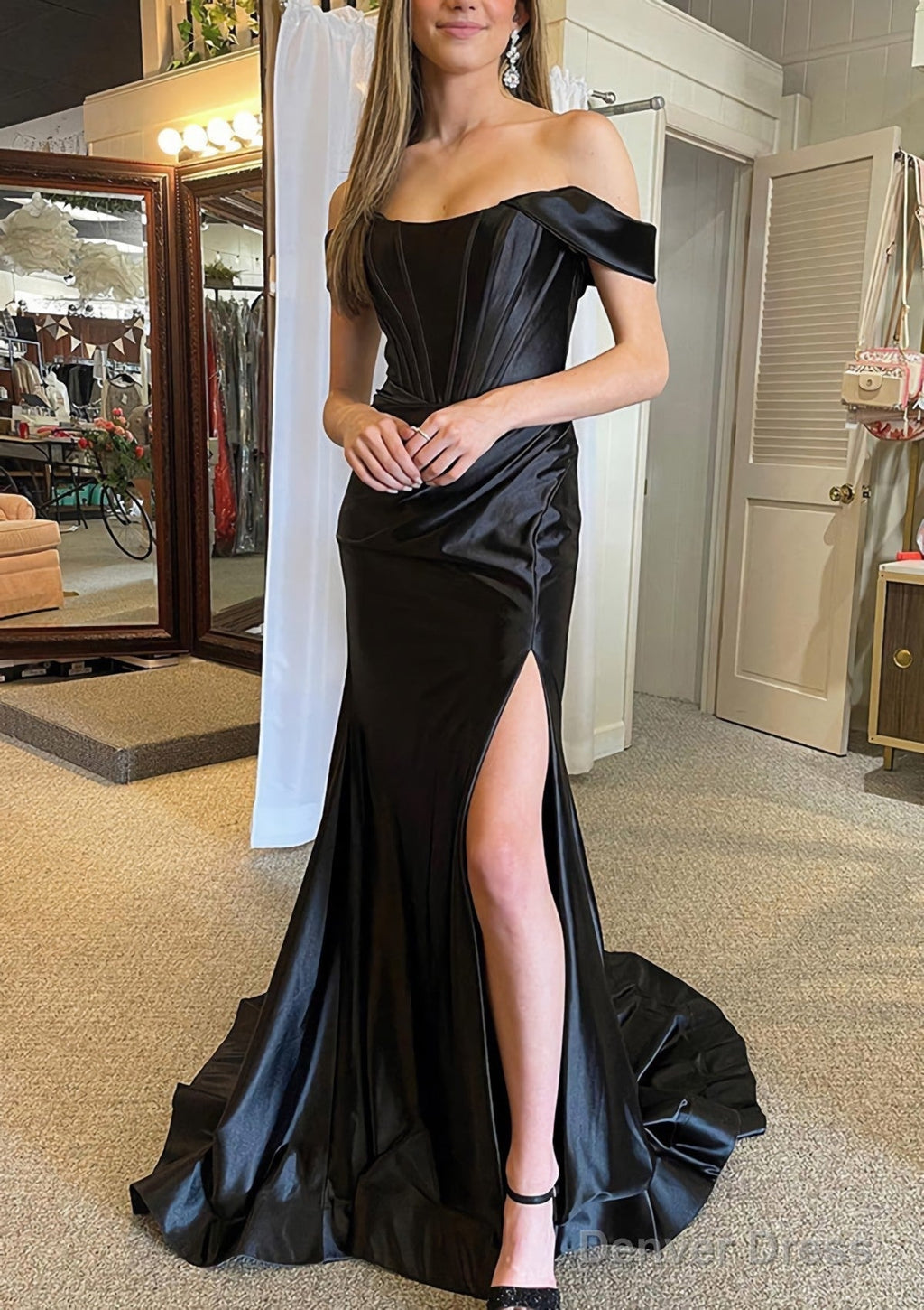 Trumpet Mermaid Off The Shoulder Regular Straps Court Train Silk like Satin Prom Dresses With Pleated Split