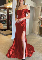 Trumpet Mermaid Off The Shoulder Regular Straps Court Train Silk like Satin Prom Dresses With Pleated Split