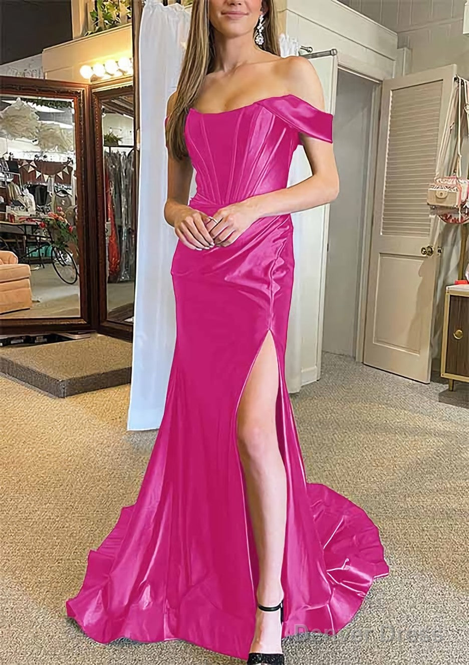 Trumpet Mermaid Off The Shoulder Regular Straps Court Train Silk like Satin Prom Dresses With Pleated Split