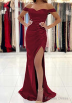 Trumpet/Mermaid Off-the-Shoulder Short Sleeve Long/Floor-Length Satin Prom Dresses With Pleated Split
