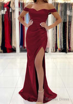 Trumpet Mermaid Off The Shoulder Short Sleeve Long Floor Length Satin Prom Dresses With Pleated Split
