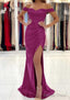 Trumpet Mermaid Off The Shoulder Short Sleeve Long Floor Length Satin Prom Dresses With Pleated Split