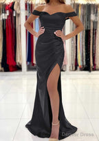 Trumpet/Mermaid Off-the-Shoulder Short Sleeve Long/Floor-Length Satin Prom Dresses With Pleated Split