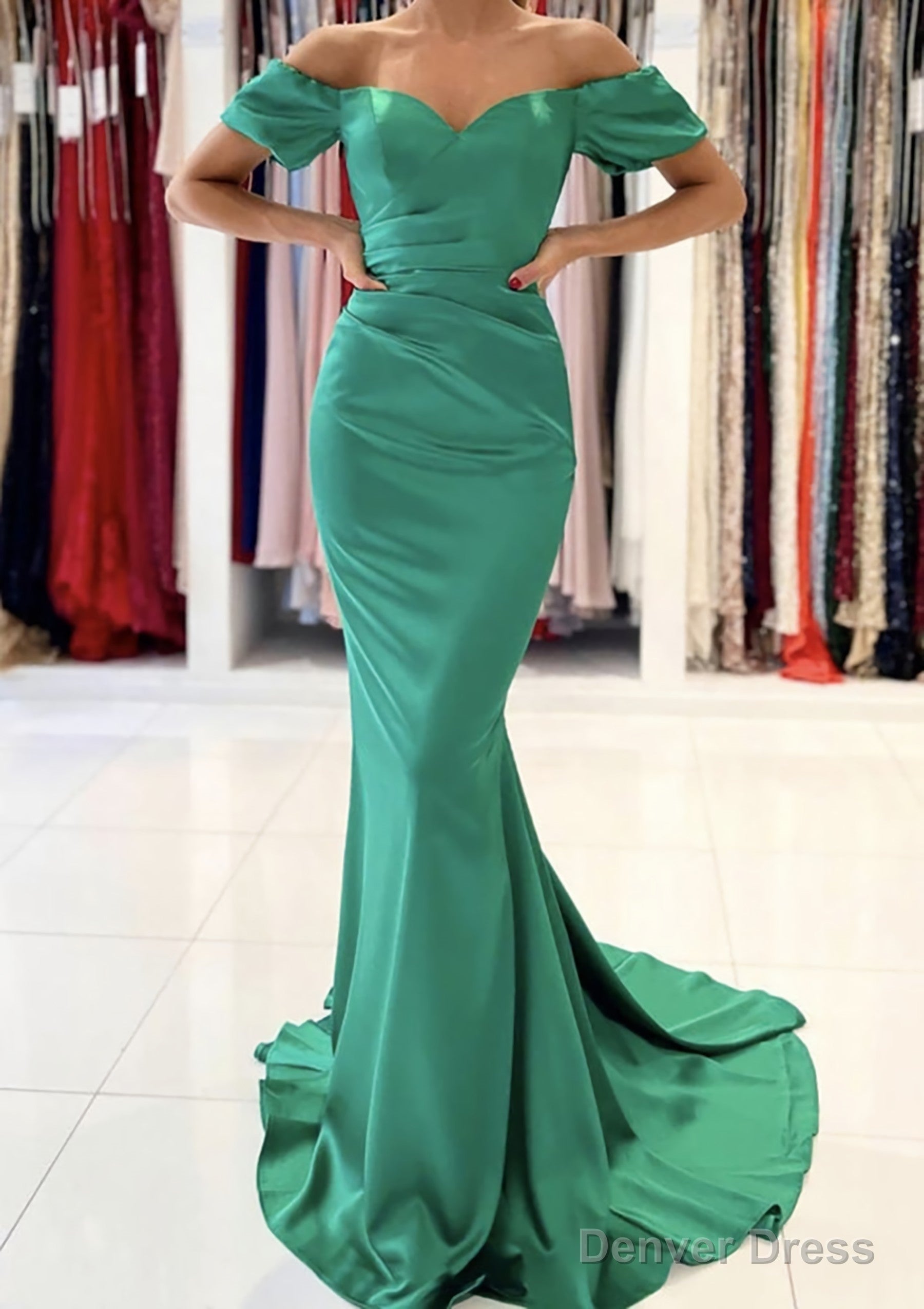 Trumpet Mermaid Off The Shoulder Short Sleeve Satin Sweep Train Prom Dresses With Pleated