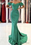 Trumpet Mermaid Off The Shoulder Short Sleeve Satin Sweep Train Prom Dresses With Pleated
