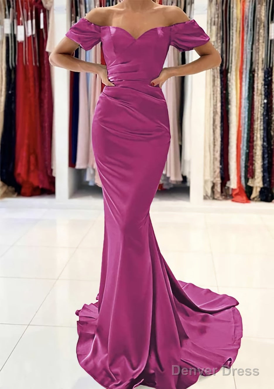 Trumpet Mermaid Off The Shoulder Short Sleeve Satin Sweep Train Prom Dresses With Pleated