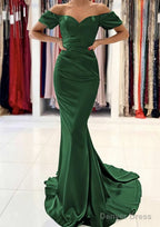 Trumpet Mermaid Off The Shoulder Short Sleeve Satin Sweep Train Prom Dresses With Pleated
