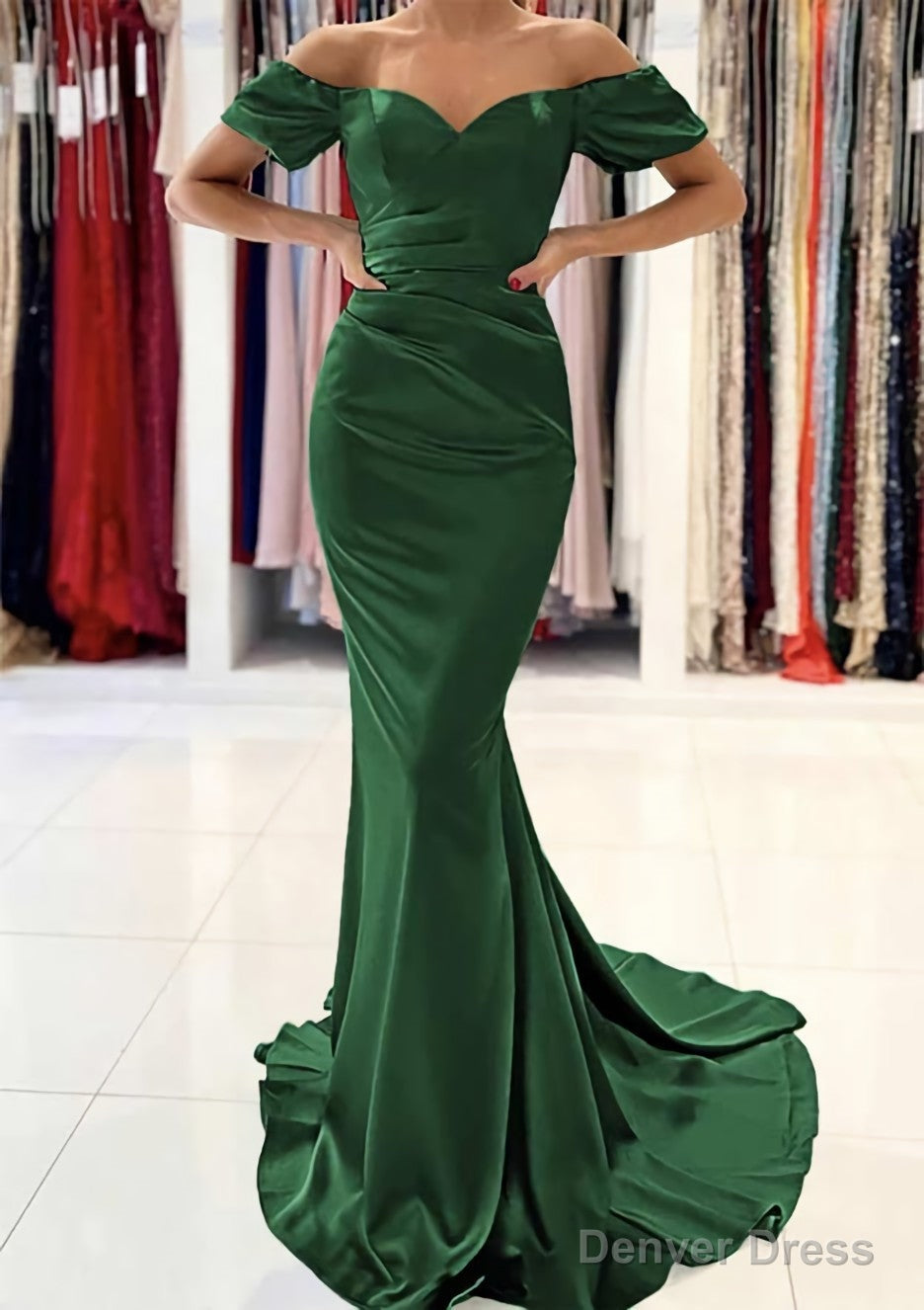 Trumpet Mermaid Off The Shoulder Short Sleeve Satin Sweep Train Prom Dresses With Pleated