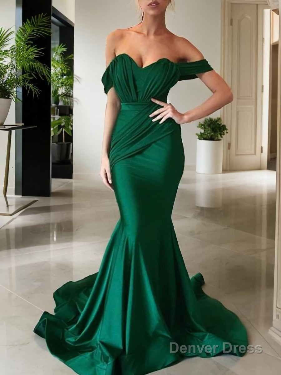 Trumpet Mermaid Off The Shoulder Sweep Train Jersey Prom Dresses With Ruffles