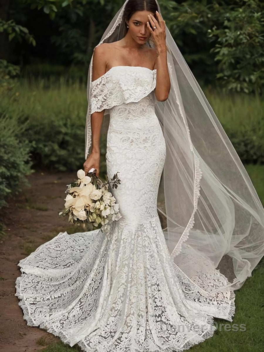 Trumpet/Mermaid Off-the-Shoulder Sweep Train Lace Wedding Dresses Main image