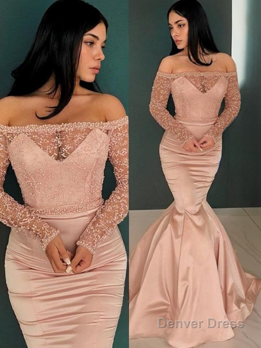 Trumpet Mermaid Off The Shoulder Sweep Train Satin Prom Dresses