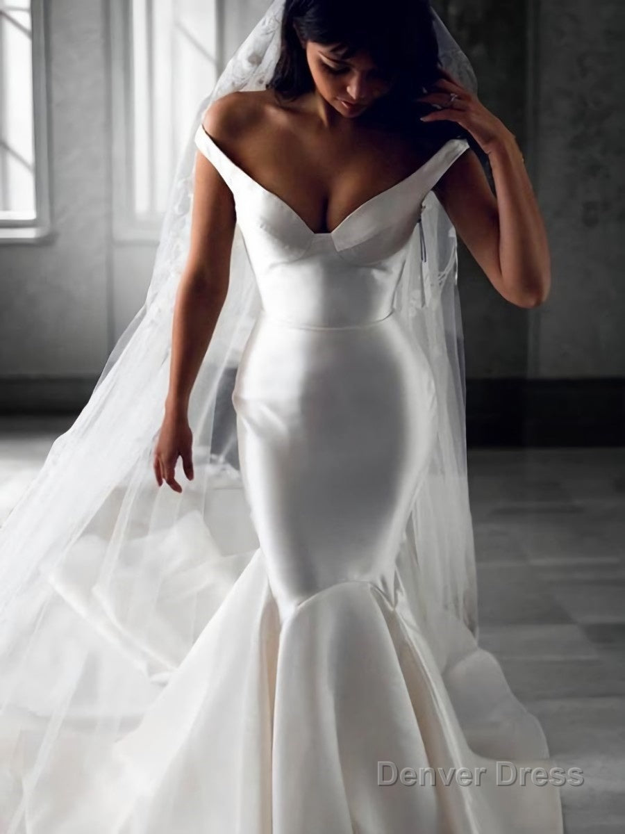 Trumpet Mermaid Off The Shoulder Sweep Train Satin Wedding Dresses Main image