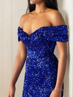Trumpet Mermaid Off The Shoulder Sweep Train Velvet Sequins Prom Dresses