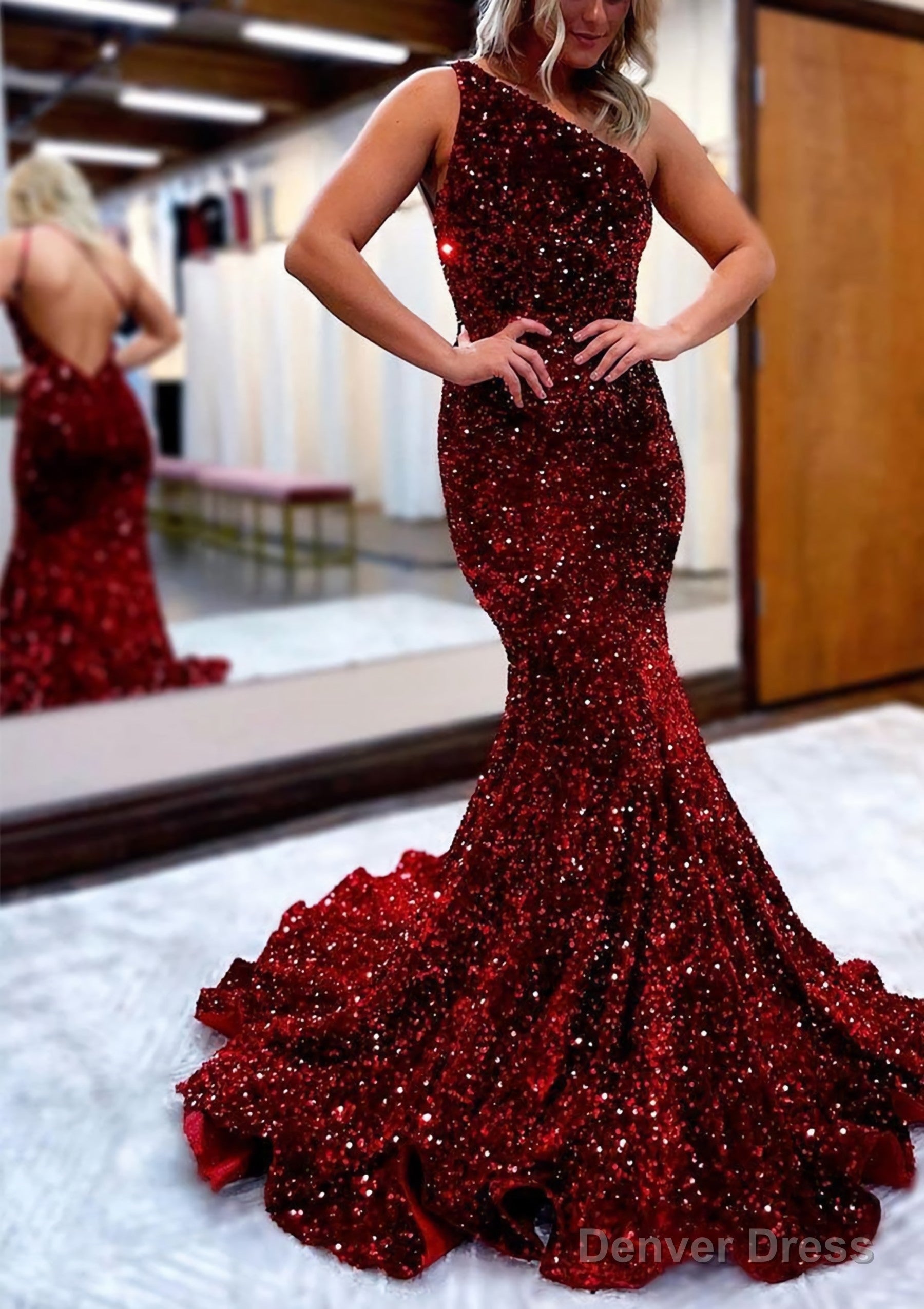 Trumpet Mermaid One Shoulder Sleeveless Long Floor Length Velvet Sequins Prom Dresses