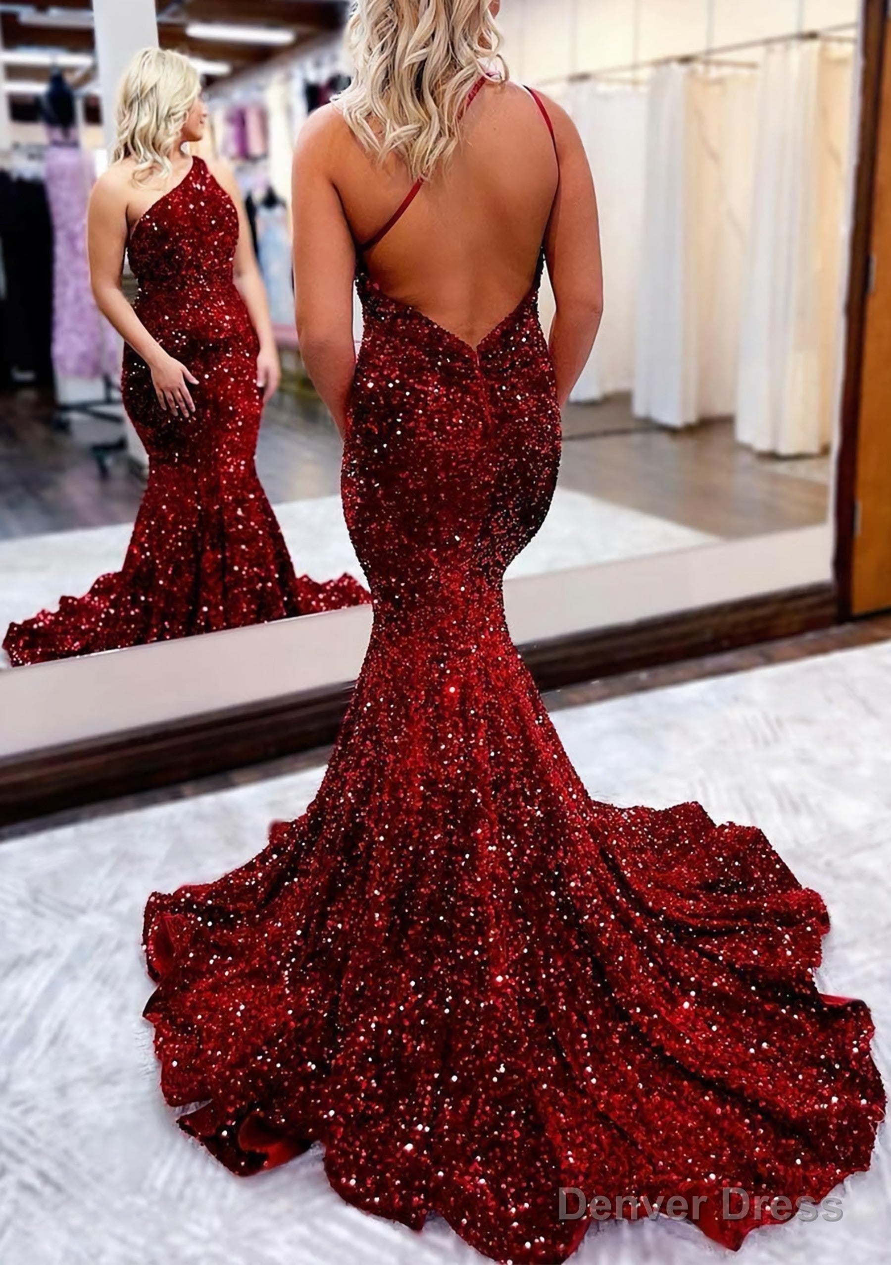 Trumpet Mermaid One Shoulder Sleeveless Long Floor Length Velvet Sequins Prom Dresses