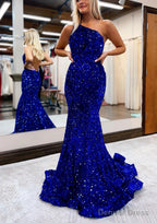 Trumpet Mermaid One Shoulder Sleeveless Long Floor Length Velvet Sequins Prom Dresses