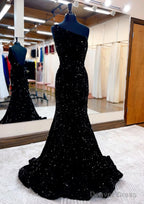 Trumpet Mermaid One Shoulder Sleeveless Long Floor Length Velvet Sequins Prom Dresses