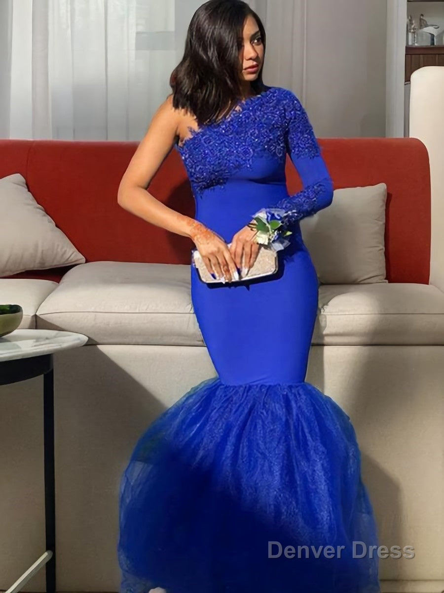 Trumpet/Mermaid One-Shoulder Sweep Train Stretch Crepe Prom Dresses With Appliques Lace Main image