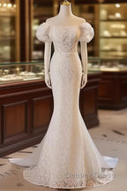 Trumpet Mermaid Puffy Sleeves  Wedding Dresses With Detachable Train