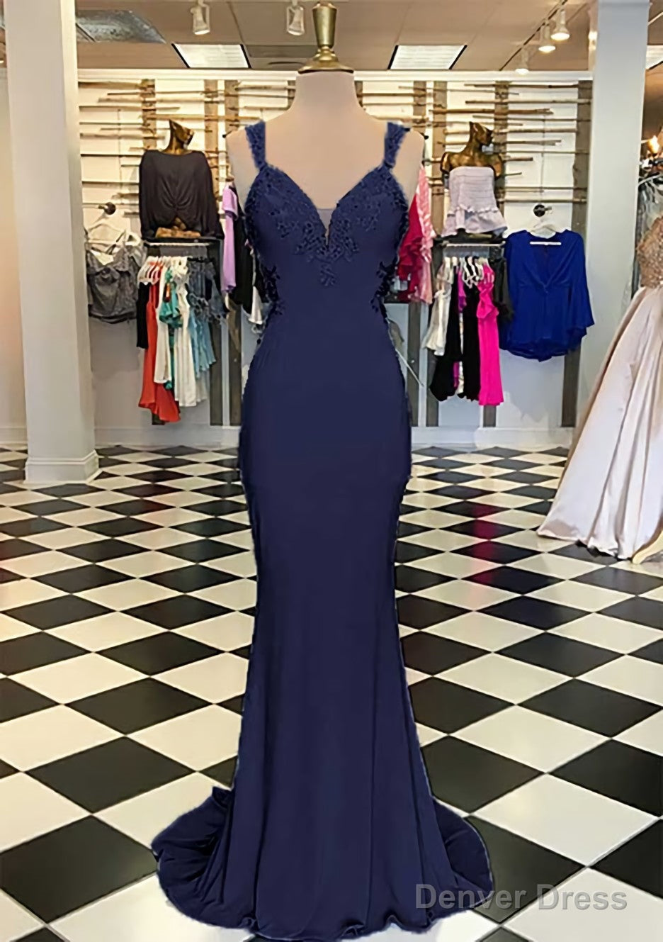 Trumpet Mermaid Scalloped Neck Sleeveless Sweep Train Elastic Satin Prom Dresses With Appliqued Secondary image