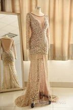 Trumpet Mermaid Scoop Champagne Tulle Beading Luxury Prom Dresses