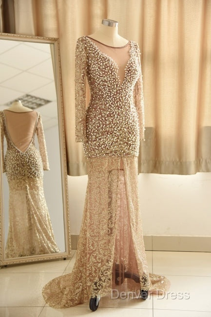 Trumpet Mermaid Scoop Champagne Tulle Beading Luxury Prom Dresses