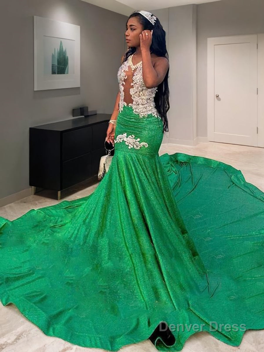 Trumpet Mermaid Scoop Chapel Train Silk like Satin Prom Dresses With Appliques Lace