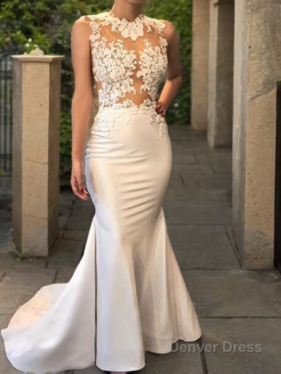 Trumpet Mermaid Scoop Court Train Satin Wedding Dresses With Appliques Lace Main image