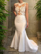 Trumpet Mermaid Scoop Court Train Satin Wedding Dresses With Appliques Lace