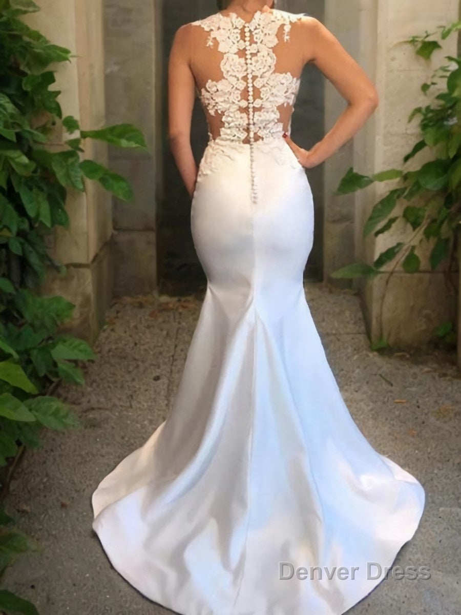 Trumpet Mermaid Scoop Court Train Satin Wedding Dresses With Appliques Lace