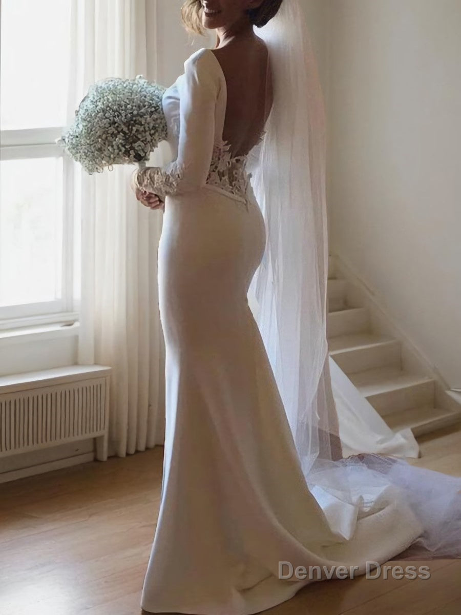 Trumpet Mermaid Scoop Court Train Stretch Crepe Wedding Dresses With Leg Slit