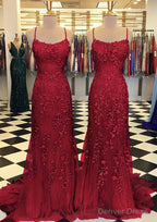 Trumpet Mermaid Scoop Neck Sleeveless Sweep Train Lace Prom Dresses With Crystal