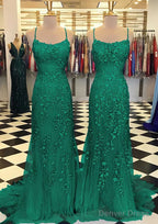 Trumpet Mermaid Scoop Neck Sleeveless Sweep Train Lace Prom Dresses With Crystal
