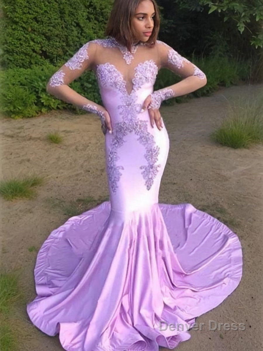 Trumpet Mermaid Scoop Sweep Train Jersey Prom Dresses With Appliques Lace Main image