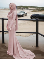 Trumpet Mermaid Scoop Sweep Train Silk like Satin Prom Dresses With Appliques Lace