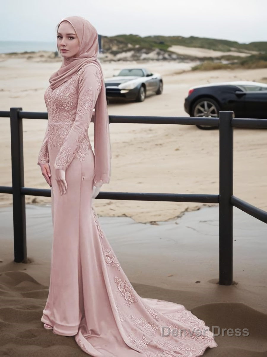 Trumpet Mermaid Scoop Sweep Train Silk like Satin Prom Dresses With Appliques Lace