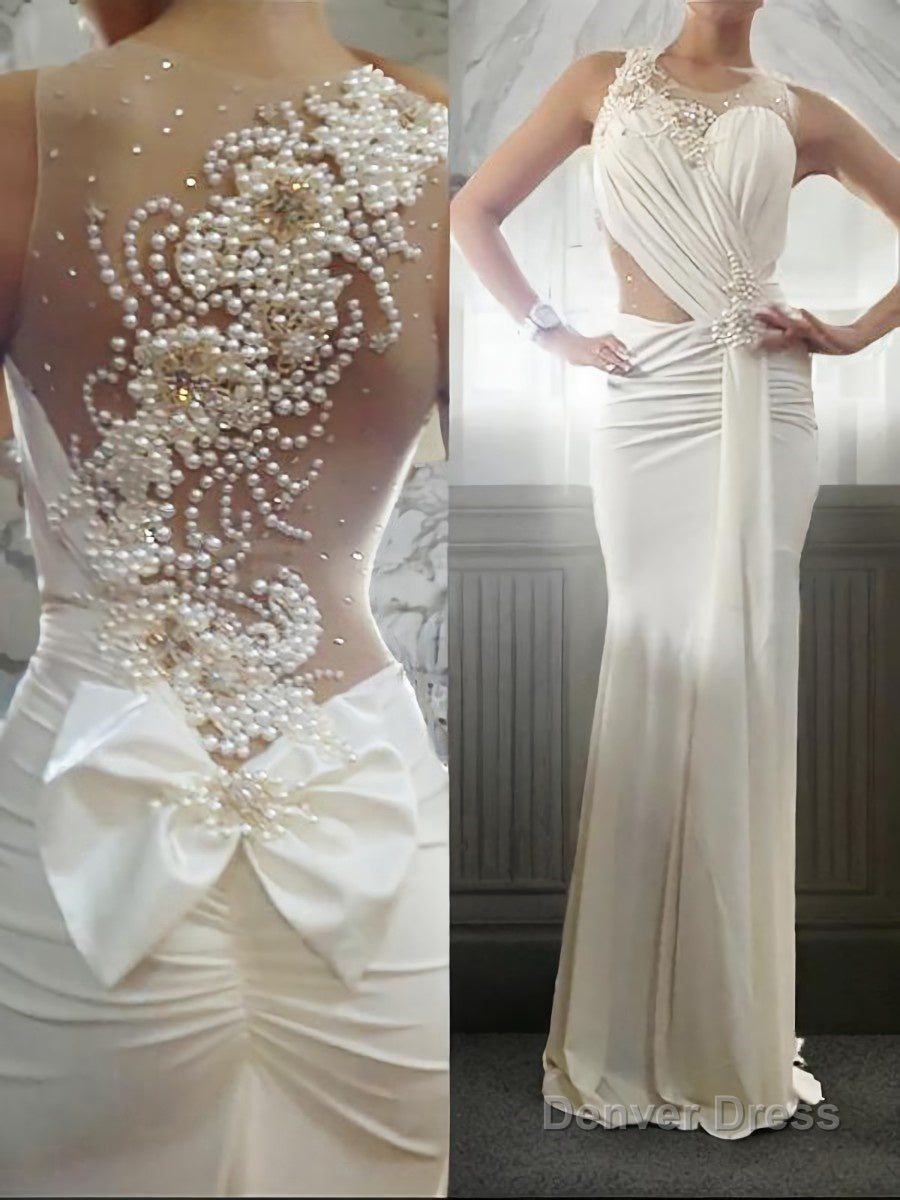 Trumpet Mermaid Scoop Sweep Train Silk like Satin Prom Dresses With Bow