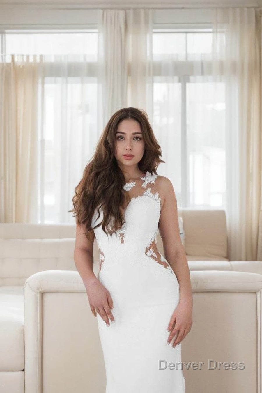 Trumpet/Mermaid Scoop Sweep Train Stretch Crepe Wedding Dresses With Appliques Lace Main image