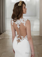 Trumpet Mermaid Scoop Sweep Train Stretch Crepe Wedding Dresses With Appliques Lace