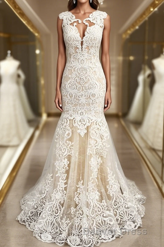 Trumpet Mermaid Scoop Sweep Train Tulle Wedding Dresses With Appliques Lace