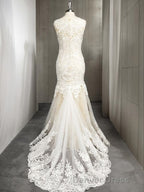 Trumpet Mermaid Scoop Sweep Train Tulle Wedding Dresses With Appliques Lace