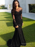 Trumpet Mermaid Sheer Neck Sweep Train Tulle Prom Dresses With Appliques Lace