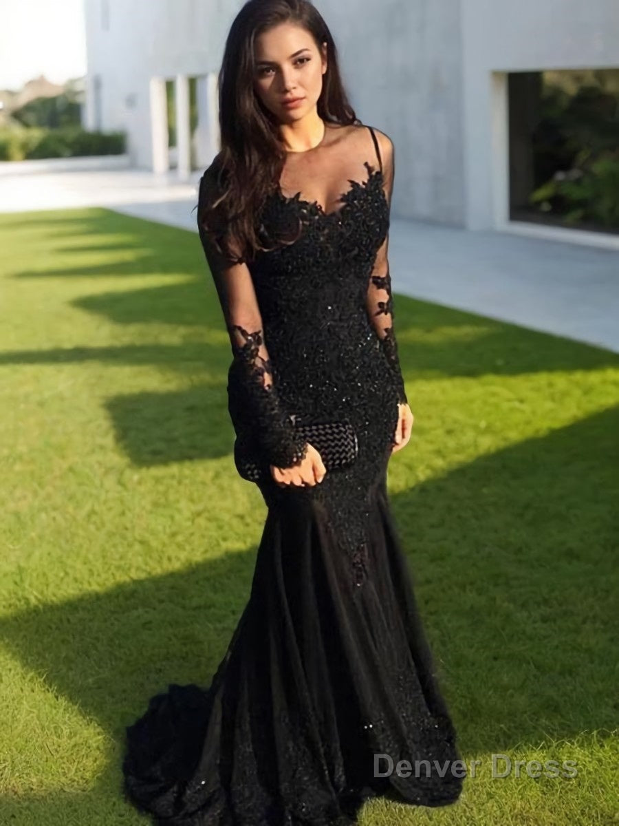 Trumpet Mermaid Sheer Neck Sweep Train Tulle Prom Dresses With Appliques Lace