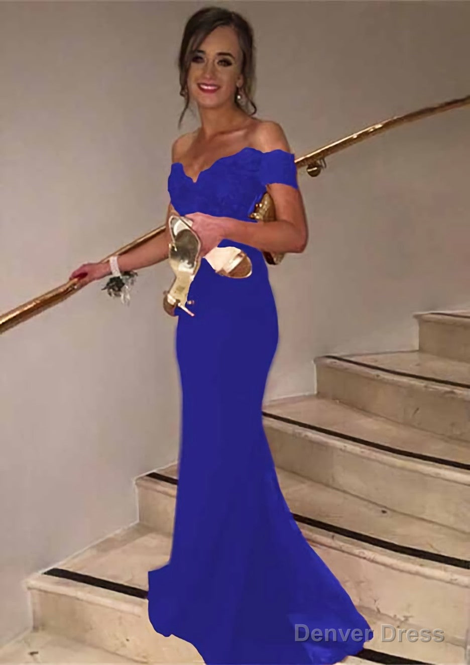 Trumpet Mermaid Sleeveless Off The Shoulder Sweep Train Lace Prom Dresses With Appliqued Beaded Sequins