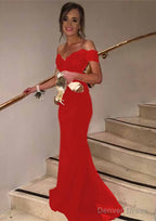 Trumpet Mermaid Sleeveless Off The Shoulder Sweep Train Lace Prom Dresses With Appliqued Beaded Sequins