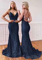 Trumpet Mermaid Sleeveless Sweep Train Lace Prom Dresses With Pleated