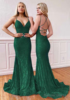 Trumpet/Mermaid Sleeveless Sweep Train Lace Prom Dresses With Pleated