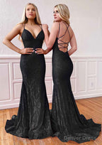 Trumpet/Mermaid Sleeveless Sweep Train Lace Prom Dresses With Pleated